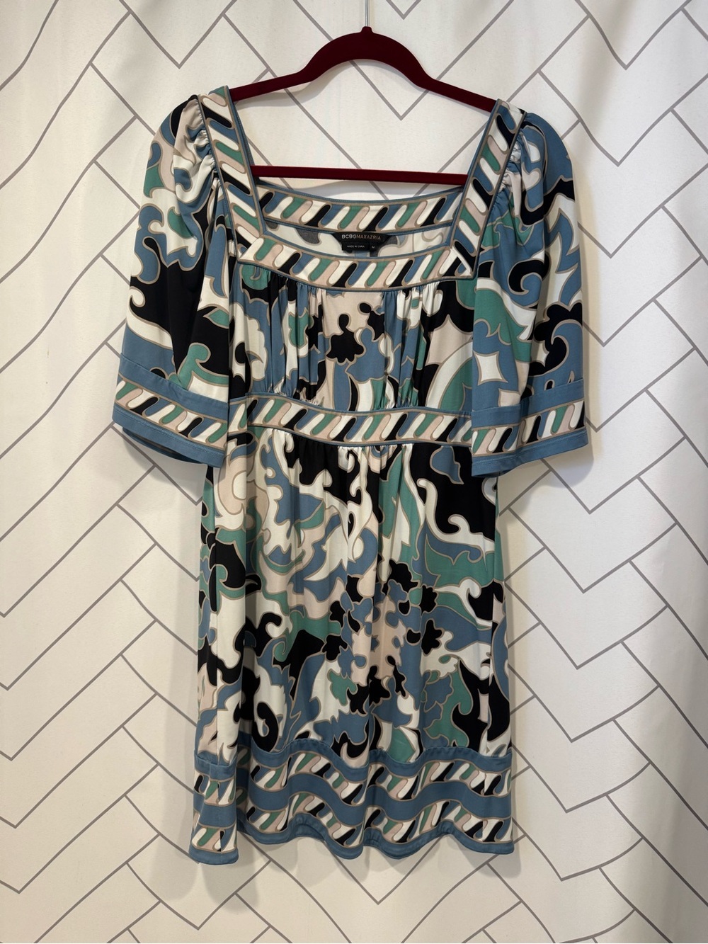BCBGMaxAzria Blue Black Cream Patterned Square-Neck Mini Dress